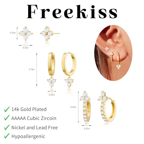 Freekiss 3 Pairs Hoop Earrings Set - Dainty Stud Dangle Cartilage for Women | Hypoallergenic Earrings, Cubic Zirconia Stackable Trendy Small Set Jewelry Gifts for Women - style: Hoop Clover Set-GD