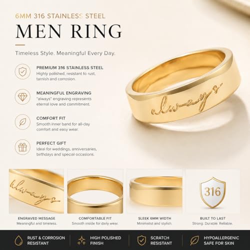 Men's Wedding Rings Mountain Range Pattern Engraved Silver Flat Band 8mm 316 Stainless Steel Men Ring Comfort Fit - color: Gold