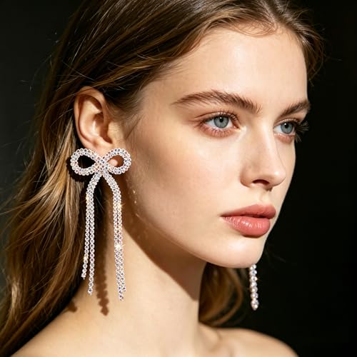 Rhinestone Earrings Dangling for Women Sparkly Silver Dangle Earrings Girls Long Chandelier Earrings Tassel Lightweight Ear Studs Cubic Zirconia (KE001S-W) - color: Bow 516286S-WAB Silver Crystal AB