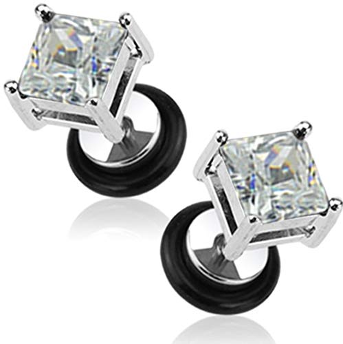 16g Surgical Steel Square Crystal Dia Cut Cheater Plug Earrings (Choose CZ Color) - color: Clear CZ