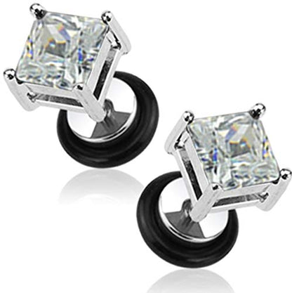 16g Surgical Steel Square Crystal Dia Cut Cheater Plug Earrings (Choose CZ Color) - color: Clear CZ