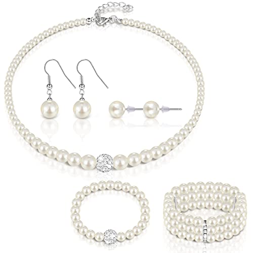Glenmal Pearl Rhinestone Jewelry Set for Women Pearl Necklace Bracelet Earrings for Wedding Halloween Bridal Shower Tea Party - style: Elegant Style