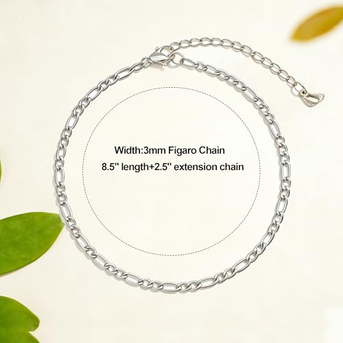 Waterproof Anklet 18K Gold/Sterlings Silver Plated Stainless Steel Ankle Bracelets for Women Figaro Pearls Chain Summer Beach Foot Jewelry 8.5+2Inches - color: Figaro,Silver