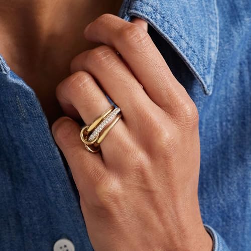 BKC Gold Stackable Rings for Women, 14k Gold Plated Chunky Statement Cubic Zirconia Rings, Silver Gold Multi Ring Interlocking Mixed Metals Stack Rings Set Non Tarnish - color: Modernist set, size: 6