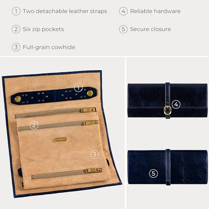 Time Resistance Leather Jewelry Roll - Full Grain Leather Travel Jewelry Case - Jewellery Organizer Made in Italy (Blue) - color: Blue