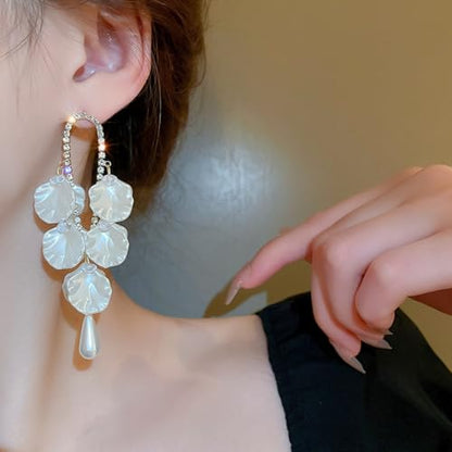 Seashell Pearl Stud Earrings for Women Ocean Sea Theme Sweet Double Layer Acrylic Shell Lightweight Dangle Drop Earrings for Summer Beach Holiday Halloween Party Jewelry Accessories - color: Teardrop pearl earrings