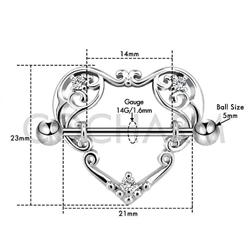 14G Heart Nipple Rings for Women Surgical Steel CZ Nipple Piercings Nipple Barbells Nipple Bars Gold Silver Rose Gold - color: Silver