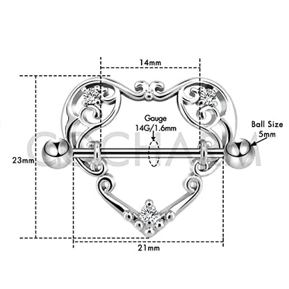 14G Heart Nipple Rings for Women Surgical Steel CZ Nipple Piercings Nipple Barbells Nipple Bars Gold Silver Rose Gold - color: Silver