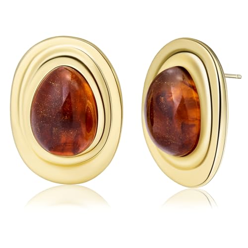 Resin Statement Chunky Gold Drop Earrings Big Vintage Colorful Oval Stud | Acrylic Teardrop Boho Hypoallergenic Jewelry Unique Everyday Funky Vacation Cool Large Oversized Bold Outfit for Women Trendy - color: Amber