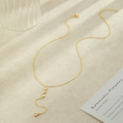 Lariat Gold Necklaces for Women Trendy Dainty Long Necklace 14k Gold Plated/Silver Layered Drop Beaded Chain Necklaces Y-shaped Pendant Necklace Simple Gold Jewelry Gifts - color: Y Rain-Gold