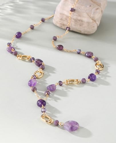 FULU AUTUMN Long Gold Beaded Necklaces for Women Natural Stone Bead Statement Pendant Necklace Y Sweater Chain Fashion Jewelry Gifts - color: Amethyst