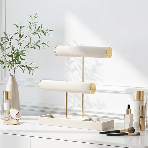 Coward Bracelet Necklace Holder Display, T-Bar Jewelry Holder Stand, Jewelry Organizer with Tray for Necklaces, Bangles, Rings Earrings Watches (Beige Velvet) - color: Beige