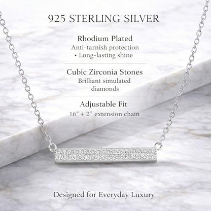 Horizontal Bar Necklace for Women, Sterling Silver or 14K Gold Plated Silver, Minimalist, CZ Diamond, Dainty Bar Pendant - Unique Jewelry Gift - style: Signature Pavé - Silver