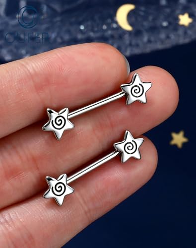 OUFER 14G Star Spiral Nipple Piercing Jewelry 316L Surgical Stainless Steel Straight Barbell 14mm Bar Length Nipple Rings for Women Men