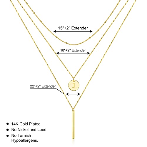 Initial Layered Necklaces for Women, 14K-Gold-Plated Coin Letter Necklace Bar Stacking Layer Necklace Multi Bar Layering Y-Necklaces Jewelry for Women - color: 14K-Gold-Plated, style: J