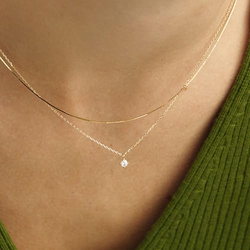 Layered Choker Necklace for Women Stackable Chain Dainty Zircon Pendant Set | 2PCS, Silver/14K Gold Plated, Box/Ball/Rope/Lip chain, Layering Diamond Cut CZ Pendant, Dainty Thin Chain, Trendy Prom Gift - color: Gold, style: Style 02