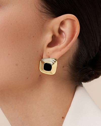 SNGIA 18K Gold Plated Square Stud Earrings for Women by SNGIA, Black Enamel Burgundy Clear Resin Color Options, Chunky Geometric Button Stud Earrings, Retro Statement Jewelry Gifts Accessories