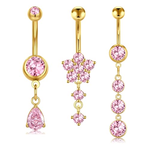 MODRSA Dangle Belly Button Ring Dangling Silver Gold Dangly Belly Piercing Jewelry Hypoallergenic Surgical Steel Butterfly Flower Navel Rings for Women Clicker Navel Piercings Pink - color: C2-Dangle 3pcs -gold pink