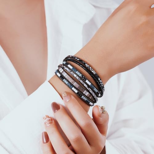 Boho Leather Wrap Bracelets Beaded Stackable Cuff Bracelet Country Concert Outfits Cowboy Cowgirl Western Jewelry Gifts for Women - color: 2layer-Black