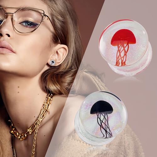Stuppendux 4 Style 2Set Color Ocean Jellyfish Glass Double Flared Ear Plugs Tunnels Expander Stretching Kit Gauge 0g-5/8 8-16mm - color: Transparent Jellyfish 12MM