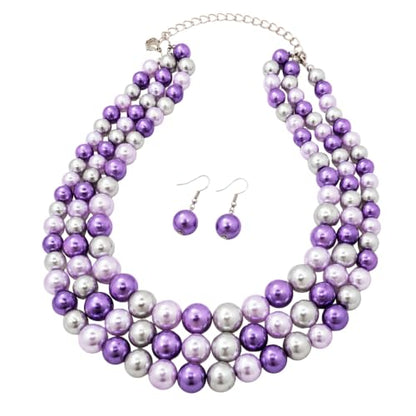 Simulated Pearl Necklace & Earring Set, Multi Strand - color: Lavender Mix