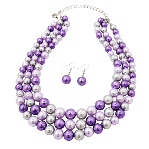 Simulated Pearl Necklace & Earring Set, Multi Strand - color: Lavender Mix