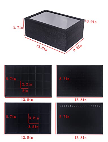 Julysky 5 Pcs/set Stackable Jewelry Organizer Trays with Glass Lid,100 Slots Ring Holder,Bracelet Displays Stand for Selling Necklace Earring Rack - size: 100slot+Necklice+12grid+24grid+glass lid