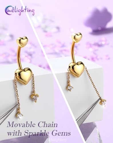 Melighting 14G Gold Belly Button Ring Dangle Chain, 10 mm Stainless Steel Belly Piercing Jewelry with CZ Heart Star Design, Cute Silver Navel Ring for Beach Daily Wear Women - color: Gold Heart