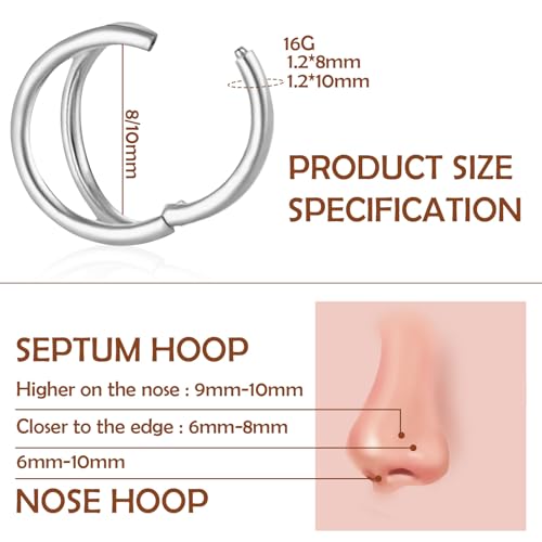 Titanium Septum Rings, Nose Rings Hoops for Women, Segment Nose Rings 16G 8mm/10mm Hypoallergenic Cartilage Conch Helix Rook Hoop Earrings - color: Double Stacked-Silver, size: 16 Gauge 8mm