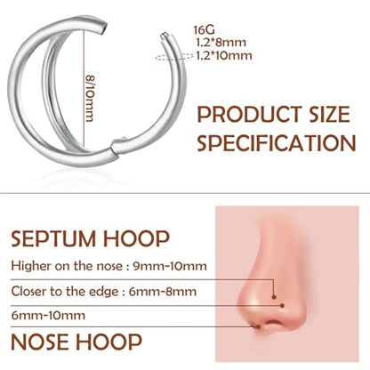Titanium Septum Rings, Nose Rings Hoops for Women, Segment Nose Rings 16G 8mm/10mm Hypoallergenic Cartilage Conch Helix Rook Hoop Earrings - color: Double Stacked-Silver, size: 16 Gauge 8mm