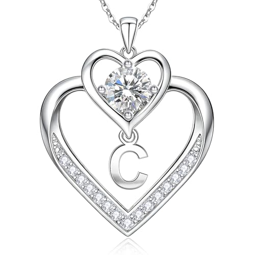 RIVIKO 1 Carat Moissanite Heart Initial Necklace for Women,Letter Pendant | 925 Sterling Silver Chain,Personalized Jewelry,Anniversary Birthday Gifts for Wife Friend Mom - color: Letter C