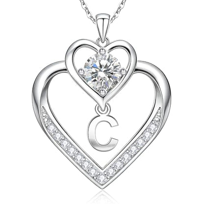 RIVIKO 1 Carat Moissanite Heart Initial Necklace for Women,Letter Pendant | 925 Sterling Silver Chain,Personalized Jewelry,Anniversary Birthday Gifts for Wife Friend Mom - color: Letter C