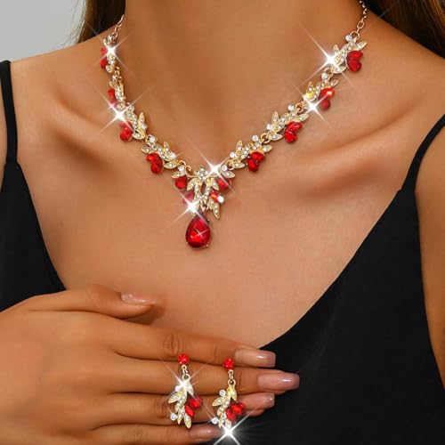 Rhinestone Bridal Wedding Jewelry Sets Gold Necklace Earrings Set Leaf Prom Formal Costume Jewelry Set for Women and Brides - color: Red