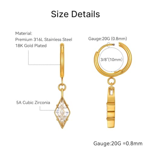 Hoop Earrings for Women, Stainless Steel Red Earrings, Hypoallergenic Trendy Cartilage Earrings for Lobe, Rhombus, Cubic Zirconia - color: 18K Gold Plated