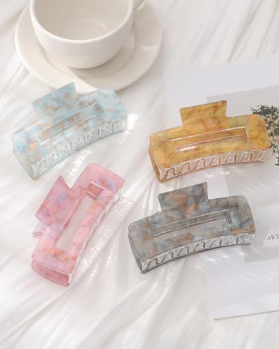 4PCS Large Claw Clips for Thick Hair, Large Acrylic Hair Clips | Modern Marble Geometric Design, Non-Slip Secure Hold for Long Hair, Buns, Updos and Everyday Styling - color: Pink + Gray + Yellow + Cyan