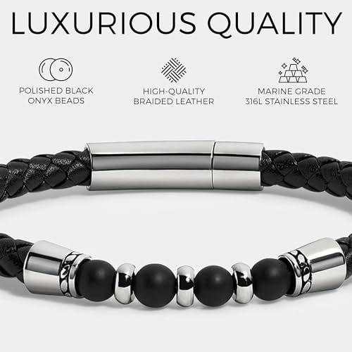 Elegatto Elagio Premium Braided Leather Bracelet for Men | Full-Grain Braided Leather with Sterling Silver Polished Stainless Steel Clasp | Men’s Designer Bracelets - color: Elagio Onyx, size: Large