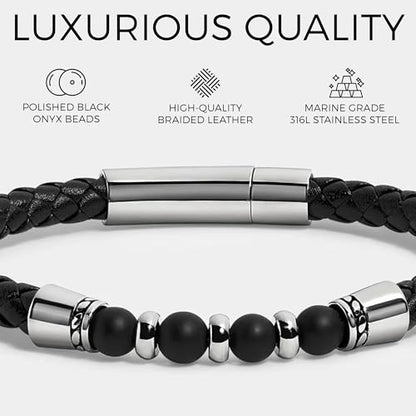 Elegatto Elagio Premium Braided Leather Bracelet for Men | Full-Grain Braided Leather with Sterling Silver Polished Stainless Steel Clasp | Men’s Designer Bracelets - color: Elagio Onyx, size: Medium