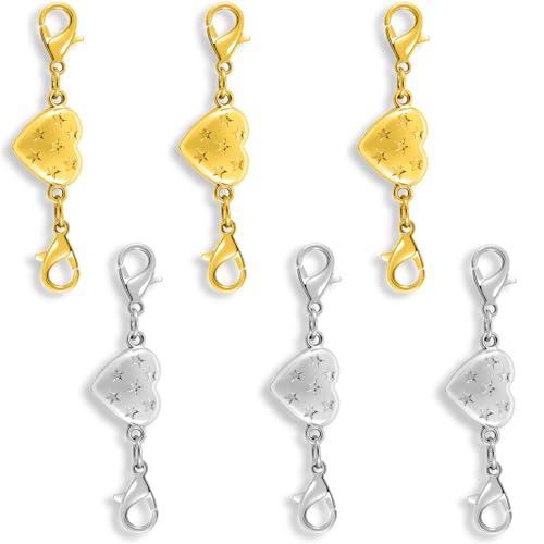 Magnetic Clasp Converter, Heart Design Lobster Clasps for Necklaces and Bracelets, Gold and Silver (3golden+3silvery) - color: 3golden+3silvery