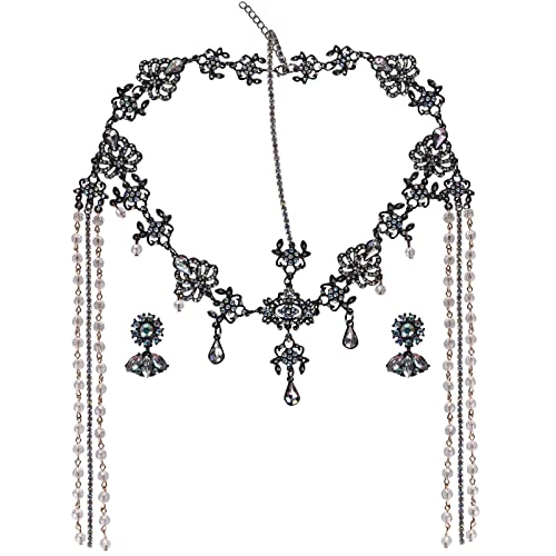 Bridal Headband and Earrings Crystal Jewelry Set Wedding Headpiece for Women Brides Tiara Rhinestone Hair Accessories - color: Black