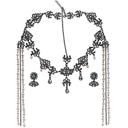Bridal Headband and Earrings Crystal Jewelry Set Wedding Headpiece for Women Brides Tiara Rhinestone Hair Accessories - color: Black