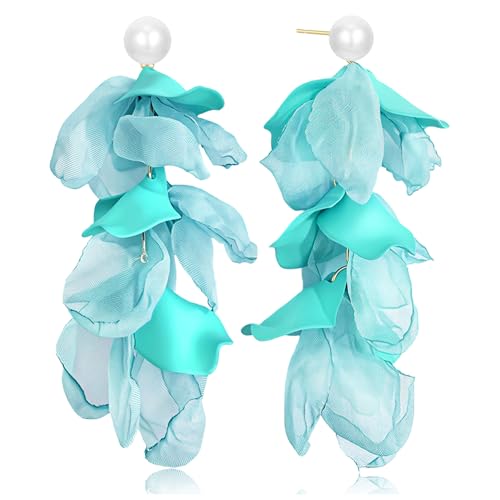 Handmade Bohemian Lightweight Fabric Flower Dangle Drop Earrings Chic Pearl Large Tassel Petal Stud Earrings For Women - color: Light Blue