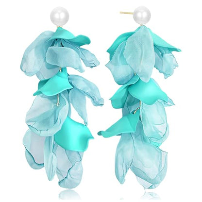 Handmade Bohemian Lightweight Fabric Flower Dangle Drop Earrings Chic Pearl Large Tassel Petal Stud Earrings For Women - color: Light Blue