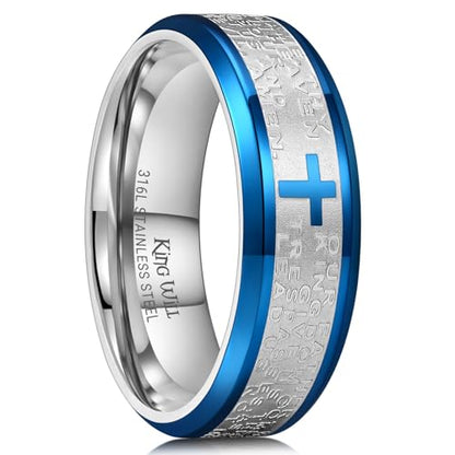 King Will Stainless Steel Men Ring Lord's Prayer Cross Ring Stainless Steel Men Wedding Ring, Wedding Band Bible Engraved Rings High Polished, Comfort Fit | 8mm, Gold/Silver/Black Wedding Band, Bible Engraved Rings, High Polished, Comfort Fit, Size 7-14 -