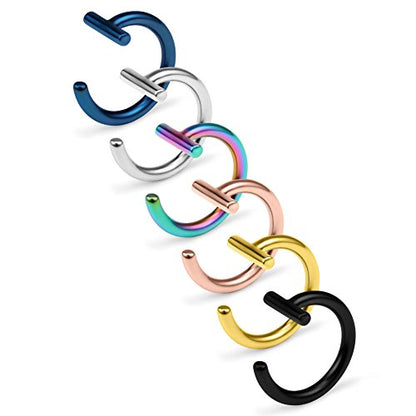14G T Shaped Stainless Steel Gothic Clip on Non piercing Double Fake Cuff Lip Nose Ring Septum Hoop Women Men 6pcs - color: 6PCS - Mix Color 3#