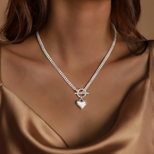 Airmb Heart Necklace for Women Gold/Silver Plated Trendy Heart Choker Lover Pendant Hypoallergenic Fashion Gold/Silver Necklace for Women Love Jewelry Gift for Women Girlfriend - color: Cuban-Chain-Silver