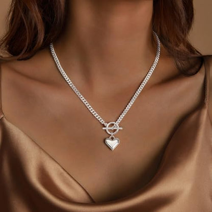 Airmb Heart Necklace for Women Gold/Silver Plated Trendy Heart Choker Lover Pendant Hypoallergenic Fashion Gold/Silver Necklace for Women Love Jewelry Gift for Women Girlfriend - color: Cuban-Chain-Silver