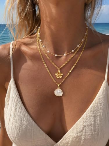 Hothty Layered Shell Starfish Necklaces for Women,Dainty Waterproof Boho Charm Pendant Necklace Seashell Pearl Beach Necklaces Set Jewelry Gifts - color: shell necklace-1010