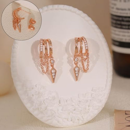 Dangle Earrings for Women,14k Gold Plated Triple Huggie Stud Earrings Cute Statement Chain Earring Dainty Drop Earrings for Women Trendy Gold Plated Jewelry - color: rose gold -dangle1