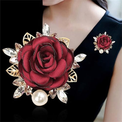 Handmade Elegant Red Rose Flower Brooch Pin for Women Crystal Pearl Fabric Flower Lapel Pin Dress Suit Accessories - color: Red