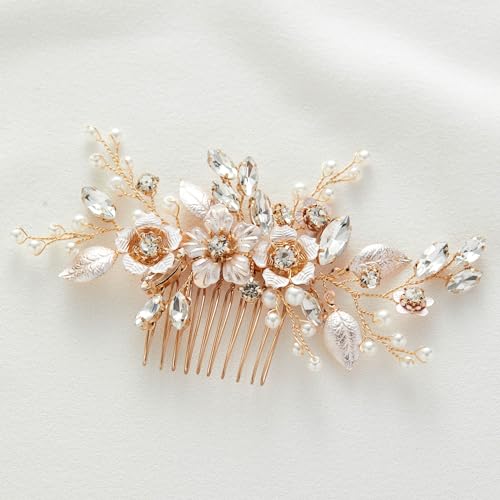 SWEETV Hair Comb, Handmade Rose Gold Bridal Hair Accessory for Weddings and Brides - 4.72 * 2.75 Inch, 2.Rose Gold | Handmade Gold Hair Piece Wedding Hair Accessories, Bridal Hair Comb Bridal Hair Pieces Wedding Hair Clip 4.72 * 2.75 Inch - color: 2.Rose